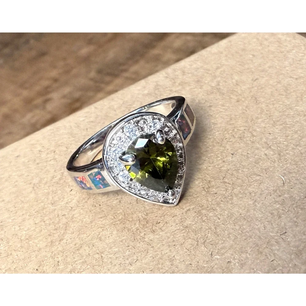 Sterling Silver 925 Peridot & Opal Inlay Ring Size 8